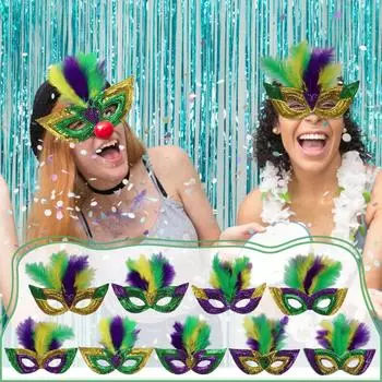 Маскарадная маска для лица Mardi Gras Gold Purple Green Feather Sequin