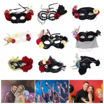 Маскарадная подушка для лица, кружевная накладка на глаза с розами, загадочный кружевной головной убор для Хэллоуина, костюм для вечеринки, косплей 9