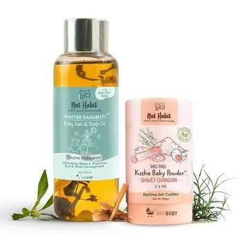 Масло для кожи головы Nat Habit Baby Бхрами Майтакши (110 мл)+ Детская присыпка Shweet Chandan (100 г) - Необходимый набор для ухода за детьми для ежедневного массажа(Комбинированный набор из 2 штук)