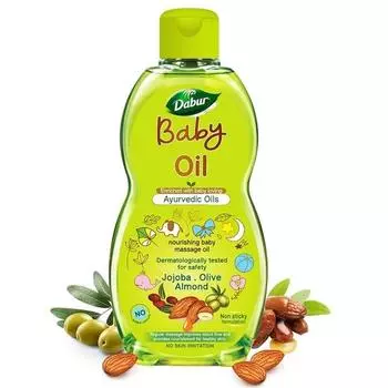 Масло для младенцев Dabur: Нелипкое детское массажное масло без вредных химических веществ | Содержит жожоба, оливки и миндаль | Протестировано дерматологами, не содержит парабенов