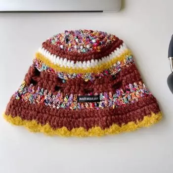 Масляная цветная шерстяная шапка-ведро из пряжи, женская, осень и зима, новая, ретро, с постепенным изменением цвета, в полоску, симпатичная, ветрозащитная, теплая, вязаная шапка M56-58cm коричневый