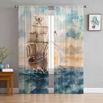 Масляная живопись Стиль Пиратская лодка Прозрачные шторы для гостиной Украшения Оконные шторы Кухня Тюль Вуаль Органза Шторы W135 x H115cm x1