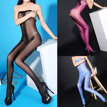 Масляные блестящие топы с вырезами без вырезов, сексуальное нижнее белье, боди, гладкие колготки с открытой промежностью, 8D чулки для тела one size