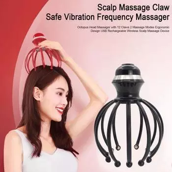Массажер для головы Octopus с 12 клешнями, 2 режима массажа, эргономичный дизайн, USB-зарядка, беспроводное устройство для массажа кожи головы красный