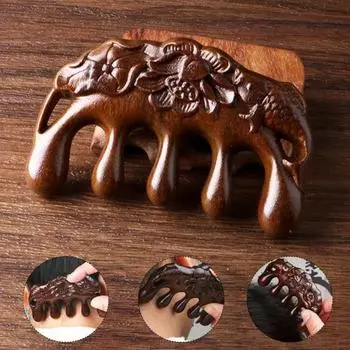 Массажная расческа для кожи головы из сандалового дерева с широкими зубьями, резная рыба-лотос, стимулирующая рост волос, деревянная ручная головка, массажер для всего тела цвет старого дерева