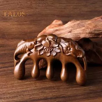 Массажная расческа для кожи головы из сандалового дерева с широкими зубьями, резная рыба-лотос, стимулирующая рост волос, деревянная ручная головка, массажер для всего тела цвет старого дерева