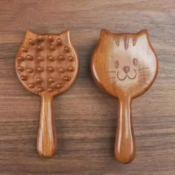 Массажная расческа с длинной ручкой из сандалового дерева с рисунком кота - парикмахерский инструмент из цельного дерева Cat long handle tooth comb