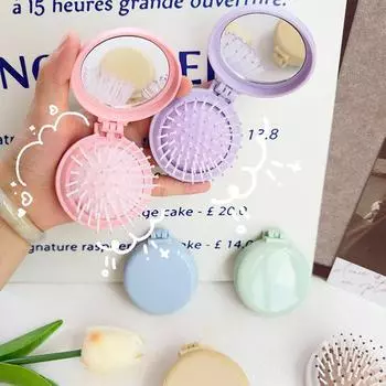 Массажное складное зеркало-расческа, зеркало для макияжа, маленькая расческа, карманное портативное зеркало-расческа, воздушная подушка, расческа для девочек, массажный шарик-расческа синий