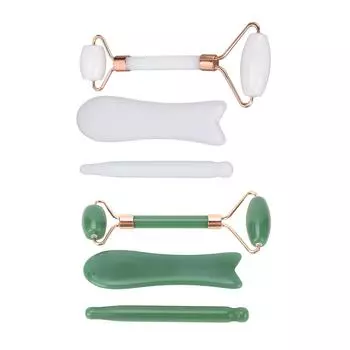 Массажный набор из нефритового ролика Гуаша для лица, ручной массаж с двумя головками из нефритового ролика, скребковый набор Green Jadestone