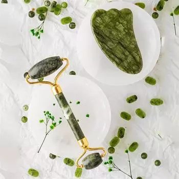 Массажный набор с нефритовыми камнями – набор роликов и гуаша с гусиными лапками