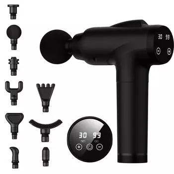 Массажный пистолет, массажер для глубоких тканей, ручной электрический массажер для спины, 30 скоростей массажа, 9 насадок. Подарок для парней и девушек. чёрный