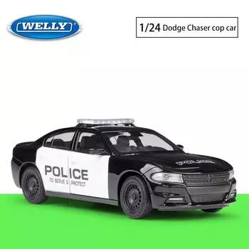 Масштаб 1/24 Welly Dodge Charger Pursuit, модель автомобиля из сплава, литье под давлением, металлические игрушечные транспортные средства, модель автомобиля, коллекция высокой имитации, детские подарки 1/24-19.5x7.3x6.1cm чёрный/белый