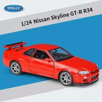 Масштаб 1/24 WELLY Nissan Skyline GT-R R34, модель автомобиля из сплава, литье под давлением, металлические игрушечные автомобили, модель автомобиля, коллекция высокой имитации, детские подарки