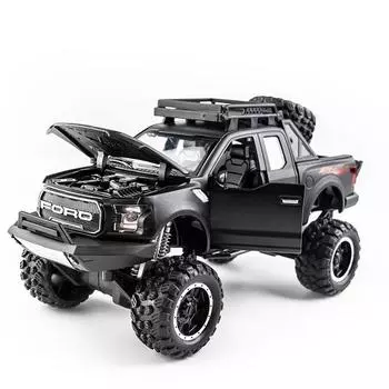 Масштаб 1/32 Ford Raptor F150, литая под давлением модель автомобиля, игрушечный автомобиль с откатным механизмом, звуком и светом для детей, коллекция подарков для мальчиков и девочек 1/32-18.6x9.5x8.5cm матовый черный