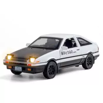 Масштаб 1/32 Toyota AE86, начальная модель автомобиля D, игрушечный автомобиль из цинкового сплава со звуком и светом для детей, подарок для мальчиков и девочек 15.5x7x6cm чёрный/белый