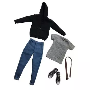 Масштабный костюм Kesoto для 12-дюймовой мужской фигуры, черная толстовка с капюшоном, джинсы, ремень, парусиновые туфли, мужская футболка 1/6