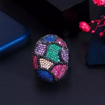 Кольцо CMM Chunky Statement Round Multicolor Cub Zirconia Big для помолвки и свадьбы серебристое регулируемое для женщин Adjustable разноцветный