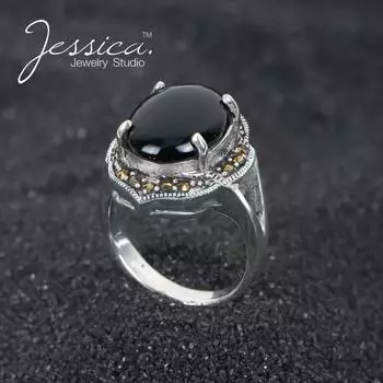 Массивное винтажное кольцо с овальным ореолом из цельного серебра 925 пробы с ониксом и марказитом