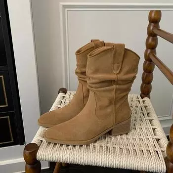 Массивные ботильоны в стиле вестерн, женские замшевые туфли на плиссированном каблуке, зимние ботинки, женские трендовые новые повседневные удобные туфли-лодочки Botas Mujer 35