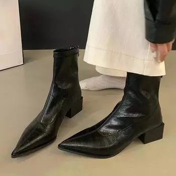 Массивные ботильоны женские остроносые туфли на среднем каблуке женские 2024 тренд зима новые готические челси снежные ботинки женские мотоциклетные ботинки 35 чёрный