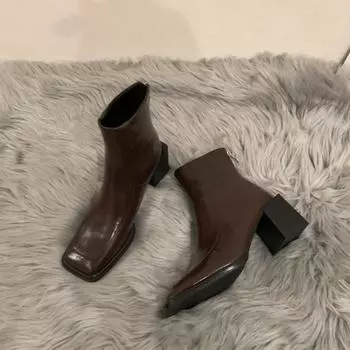 Массивные ботинки, женские ботильоны из искусственной кожи в британском стиле с квадратным носком, женские удобные прогулочные офисные модельные туфли, женская обувь 35 коричневый
