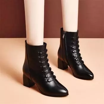Массивные ботинки женские модные PU кожаные остроносые ботильоны черные женские офисные туфли женские туфли-лодочки обувь 35