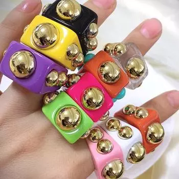 Массивные геометрические большие золотые бусины нерегулярные квадратные красочные прозрачные акриловые кольца из смолы для женщин и девочек, ювелирные изделия на костяшке пальца