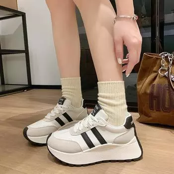 Массивные кроссовки для женщин, осенняя мода, добавляющая высоты, кроссовки для бега, женская повседневная обувь на шнуровке, вулканизированная обувь Zapatillas De Mujer 2025 35 черный белый