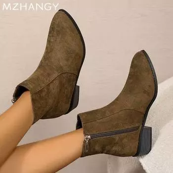 Массивные замшевые женские ботильоны, модные элегантные туфли на среднем каблуке для женщин 2024 года, зимние повседневные удобные туфли для прогулок, для путешествий, Zapatos 36 чёрный