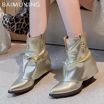 Массивные женские ботильоны из кожи с острым носком на среднем каблуке Модные ботинки челси Трендовые зимние дизайнерские туфли-лодочки Botas De Mujer 35