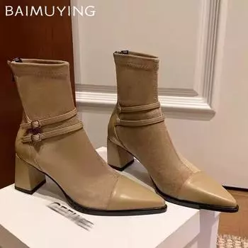 Массивные женские ботильоны из замши с острым носком, элегантные туфли на высоком каблуке, тренд 2025 года, дизайнерские туфли-лодочки в готическом стиле в стиле челси Botas De Mujer 35 чёрный