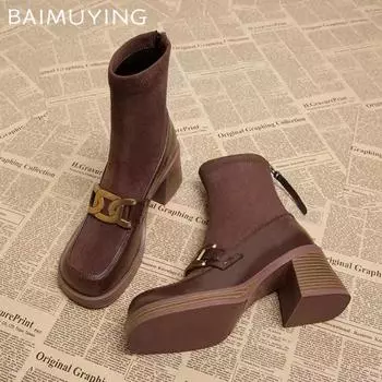 Массивные женские ботильоны из замши, зимние туфли на высоком каблуке в стиле ретро 2025 года, дизайнерские туфли-лодочки-гладиаторы, новые мотоциклетные ботинки Botas De Mujer 35