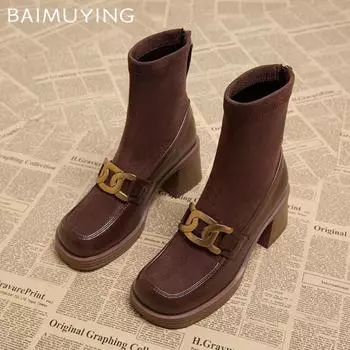 Массивные женские ботильоны из замши, зимние туфли на высоком каблуке в стиле ретро 2025 года, дизайнерские туфли-лодочки-гладиаторы, новые мотоциклетные ботинки Botas De Mujer 35