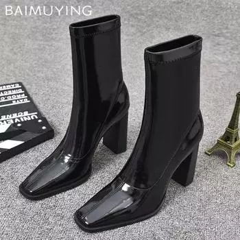 Массивные женские ботильоны с квадратным носком, кожаные, на высоком каблуке, модная обувь, дизайнерские зимние ботинки челси, туфли-лодочки Botas Mujer 35