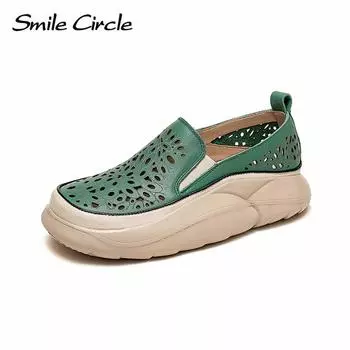 Массивные женские кроссовки из натуральной кожи, полые туфли на плоской подошве без шнуровки, повседневная обувь в стиле ретро с низким берцем 35 зелёный