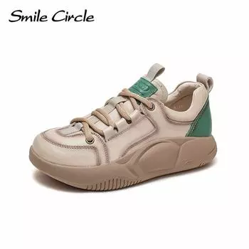 Массивные женские кроссовки из натуральной кожи, модные туфли на толстой подошве со шнуровкой, удобные повседневные туфли на плоской подошве с цветными блоками