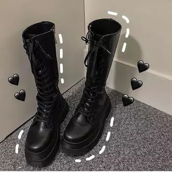 Массивные женские мотоциклетные высокие сапоги модные длинные сапоги на шнуровке на платформе балетки осень-зима женская обувь 35 чёрный