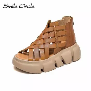 Массивные женские сандалии из натуральной кожи, толстые ботинки с тканой молнией сзади, повседневная обувь с высоким берцем в стиле ретро 35