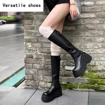 Массивные женские сапоги до колена, модные ботильоны на платформе, танкетке, длинные ботинки, осенне-зимняя женская обувь 35