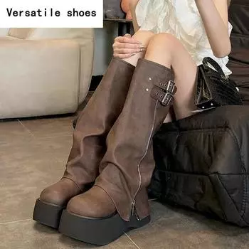 Массивные женские сапоги до колена, модные брюки с пряжкой на ремне и каблуке, рыцарские сапоги в стиле ретро, женская обувь 35