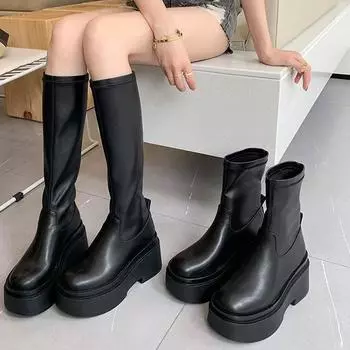 Массивные женские сапоги до колена, модные длинные сапоги-рыцари, туфли на плоской платформе, обувь на осень-зиму 39 чёрный