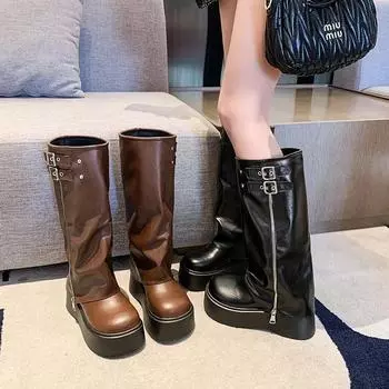 Массивные женские сапоги до колена, модные рыцарские длинные сапоги с пряжкой на ремне, на платформе и каблуках, осенне-зимняя женская обувь 35