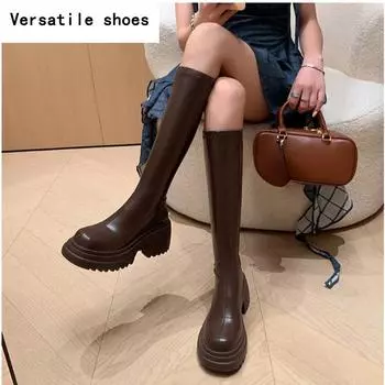 Массивные женские сапоги до колена, модные, с молнией сзади, на платформе и каблуке, длинные, в стиле ретро, осенне-зимняя женская обувь 35