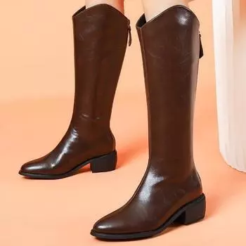 Массивные женские высокие сапоги из кожи с острым носком, ретро-обувь на среднем каблуке, трендовые зимние туфли до колена, классические мотоциклетные ботинки Botas De Mujer 35