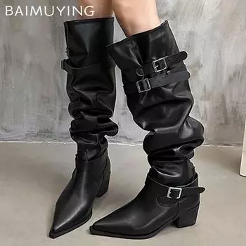 Массивные женские высокие сапоги из кожи с острым носком на среднем каблуке, модные дизайнерские туфли-лодочки с пряжкой 2025 года, готические зимние ботинки длиной до колена 35