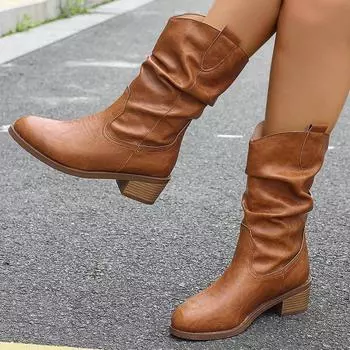 Массивные зимние женские сапоги средней высоты из кожи на среднем каблуке, прогулочная обувь для женщин 2024 года, новый тренд зимы, туфли-лодочки, платье Mujer Zapatos 36 коричневый