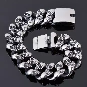 Массивный байкерский браслет из нержавеющей стали 316L с черепом в готическом стиле для мужчин, браслет-цепочка шириной 19 мм с полированными черепами 19cm