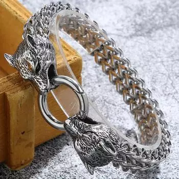 Массивный браслет на руку Franco Link Chain 12MM Wolf Head, мужской тяжелый литой металлический стальной браслет Mannen, подарки на день рождения для парня 22CM серебряный