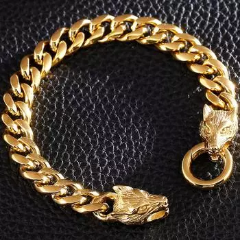 Массивный позолоченный браслет из нержавеющей стали с двойной головой волка для мужчин, кубинская цепочка, ювелирные изделия, подарки для вечеринок, мужские браслеты 22cm