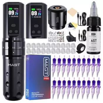 Mast Fold2 Pro Tattoo Machine Kit Wireless Gun Pen 2 Batteries 2000mAh RCA Connect for Long Time, Tattoo Cartridges Black Tattoo Ink Complete Kit